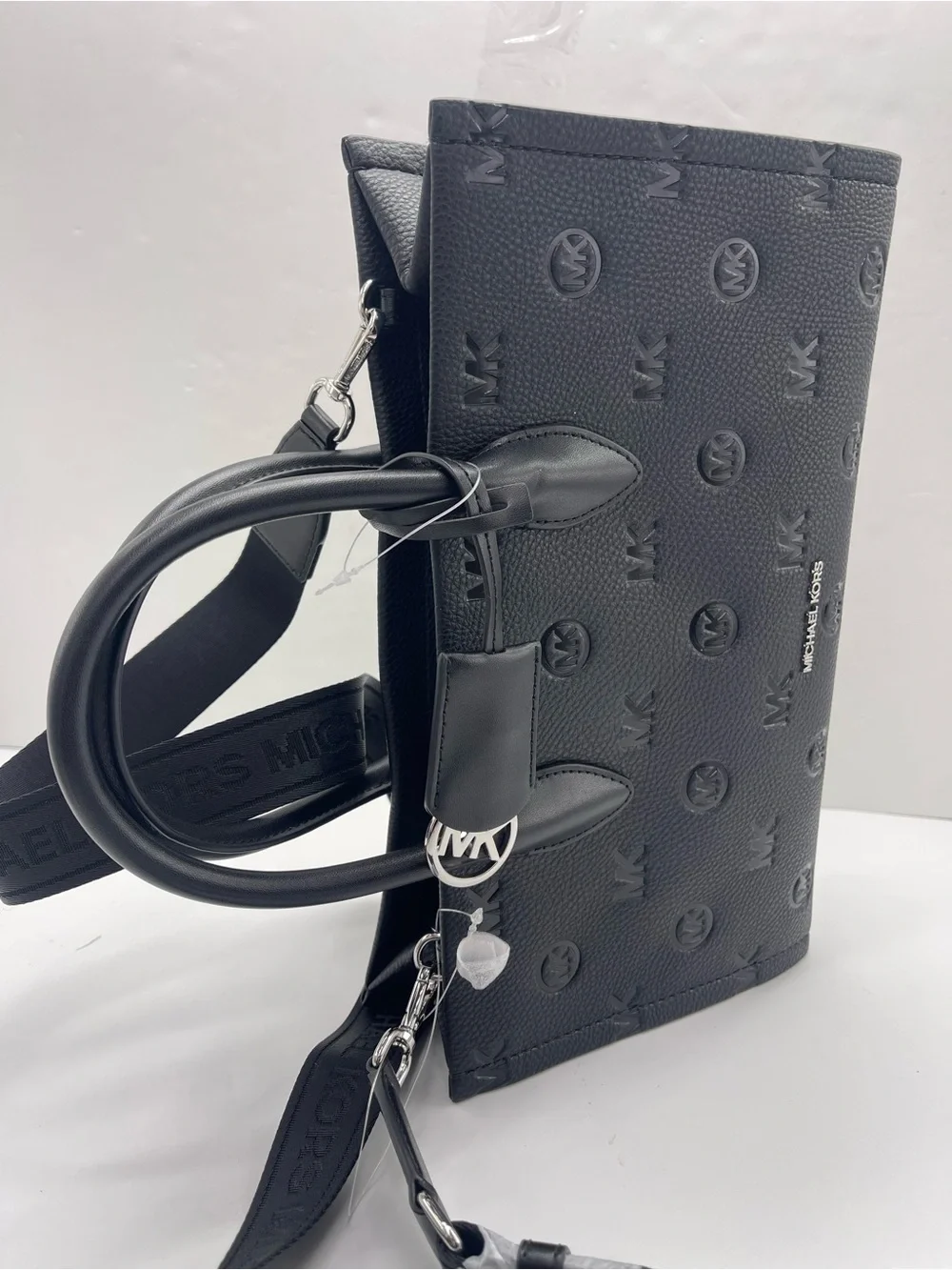 MICHAEL KORS Mirella Md EW Top Zip Logo Debossed Satchel Shoulder Tote Black NWT